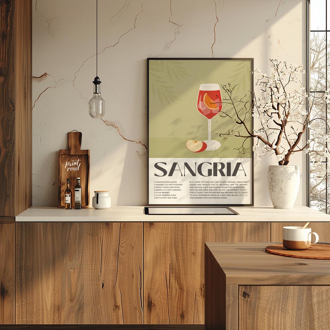 This elegant and inviting poster showcases a vibrant illustration of a glass of Sangria, complete w… for kitchen