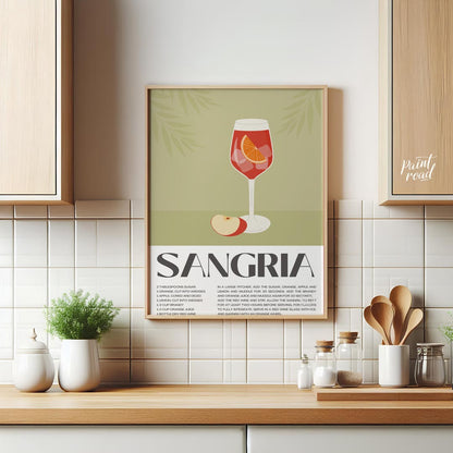 This elegant and inviting poster showcases a vibrant illustration of a glass of Sangria, complete w… for kitchen