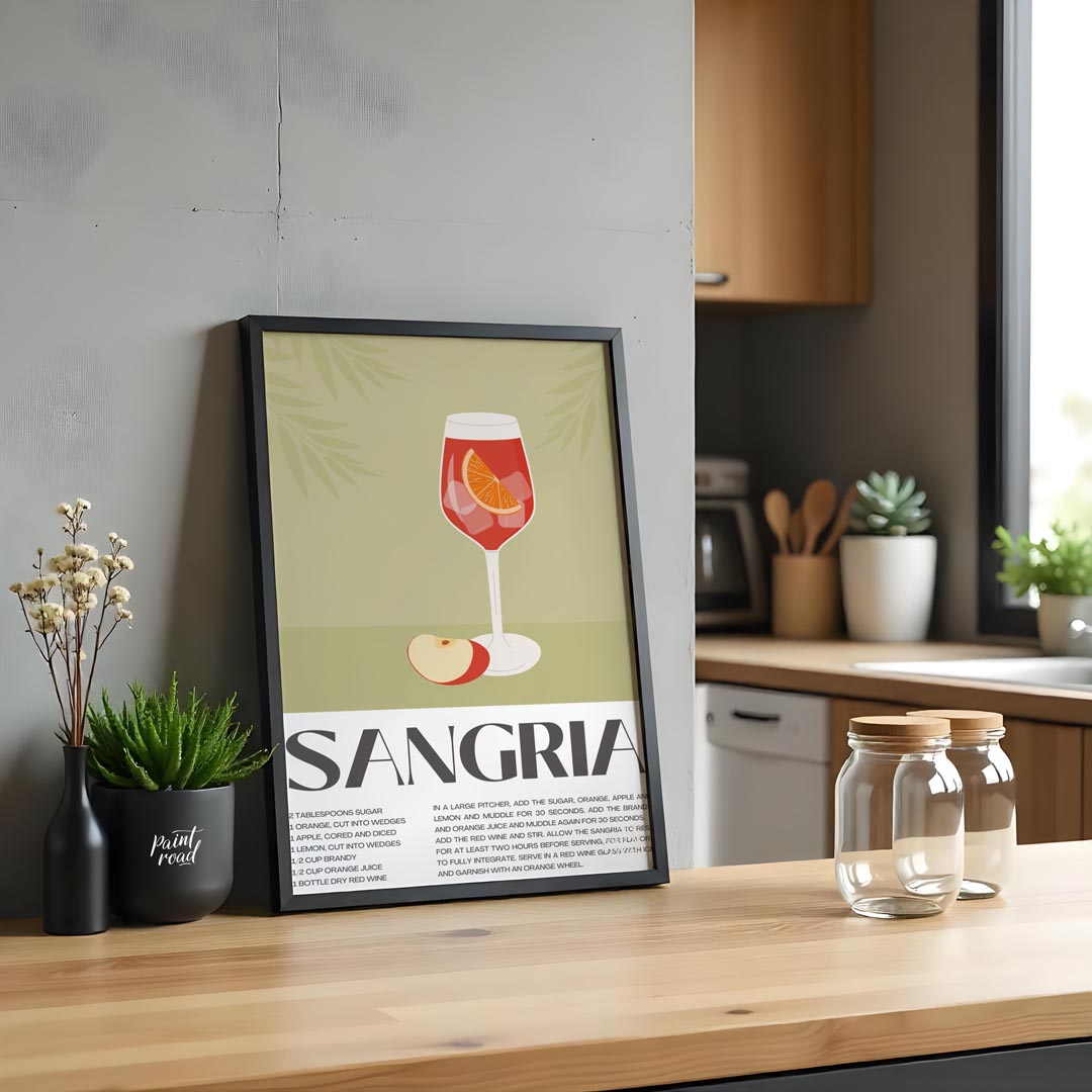 This elegant and inviting poster showcases a vibrant illustration of a glass of Sangria, complete w… for kitchen