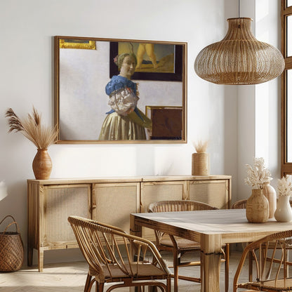 This exquisite piece captures a serene moment of a woman at her virginal, enveloped in classical for Dining