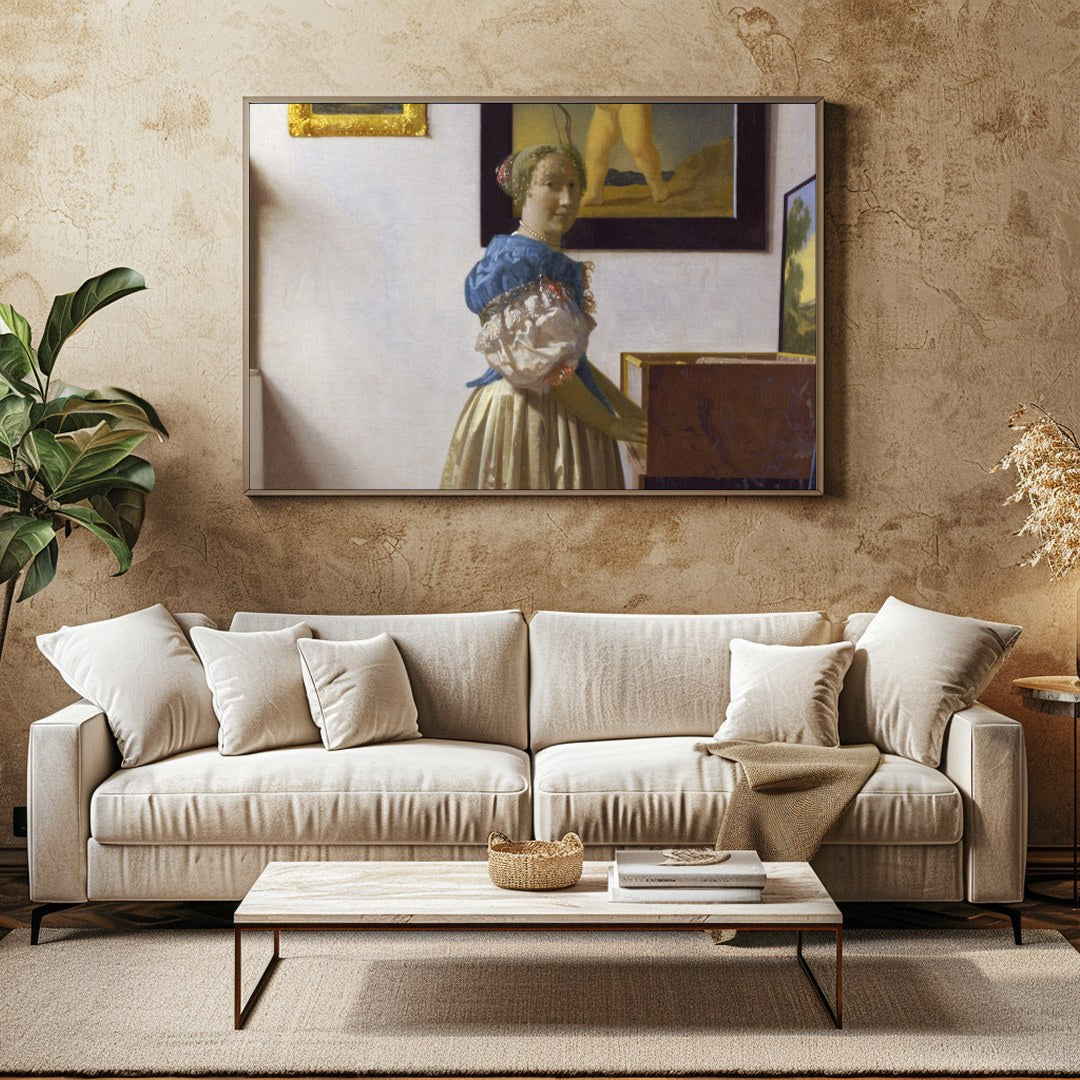 This exquisite piece captures a serene moment of a woman at her virginal, enveloped in classical for Family Room