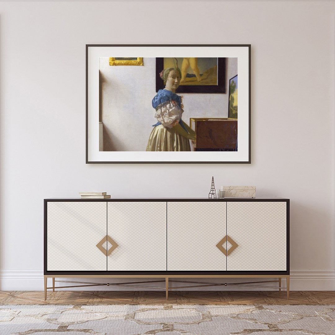 This exquisite piece captures a serene moment of a woman at her virginal, enveloped in classical for Foyer