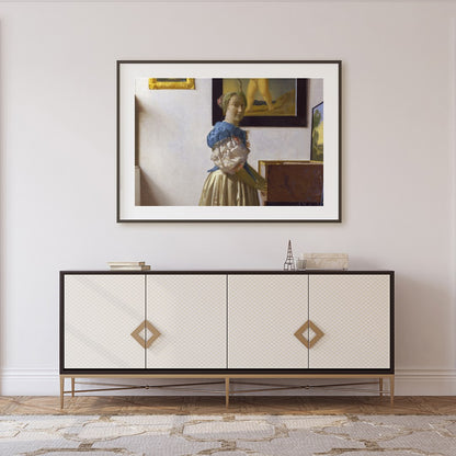 This exquisite piece captures a serene moment of a woman at her virginal, enveloped in classical for Foyer
