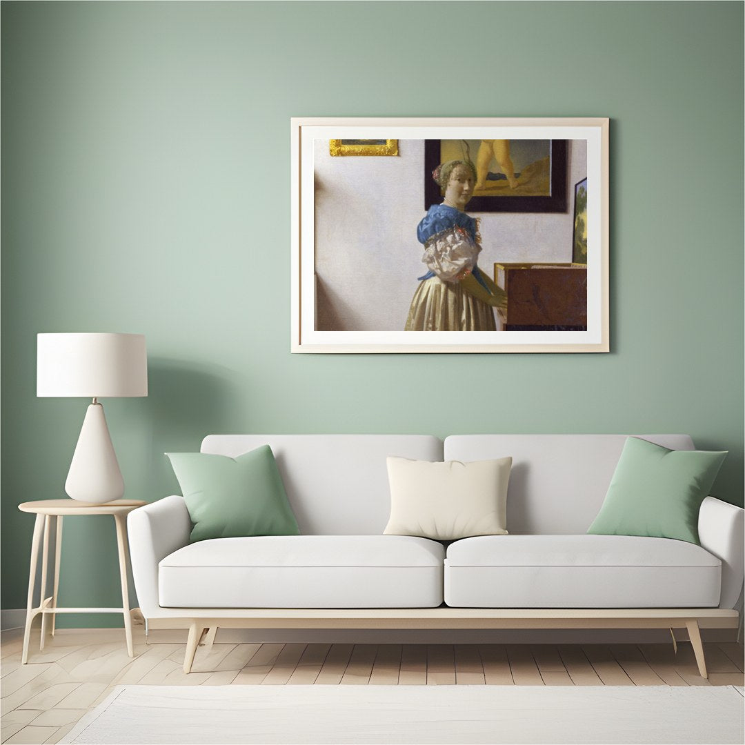 This exquisite piece captures a serene moment of a woman at her virginal, enveloped in classical for Hall