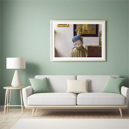 This exquisite piece captures a serene moment of a woman at her virginal, enveloped in classical for Hall