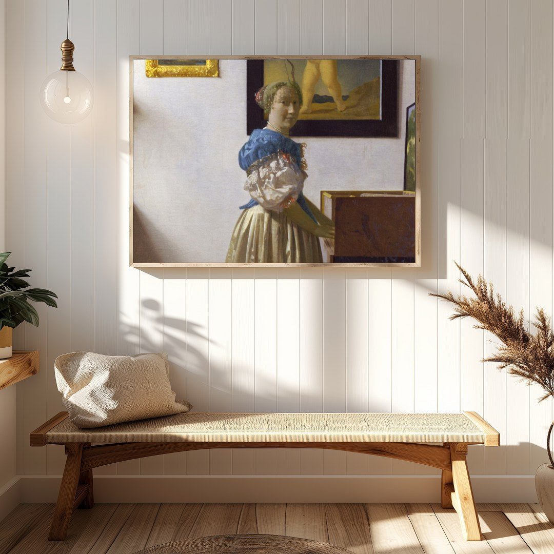 This exquisite piece captures a serene moment of a woman at her virginal, enveloped in classical for Hallway