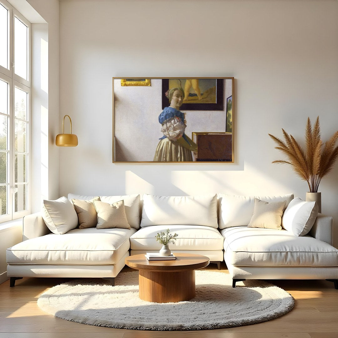 This exquisite piece captures a serene moment of a woman at her virginal, enveloped in classical for Living Room