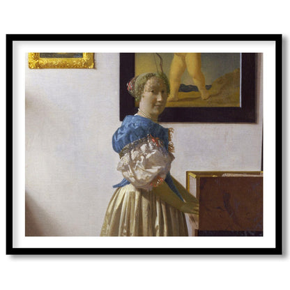 This exquisite piece captures a serene moment of a woman at her virginal, enveloped in classical for office