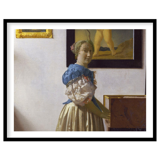 This exquisite piece captures a serene moment of a woman at her virginal, enveloped in classical for office