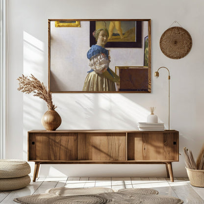 This exquisite piece captures a serene moment of a woman at her virginal, enveloped in classical for Sitting Area