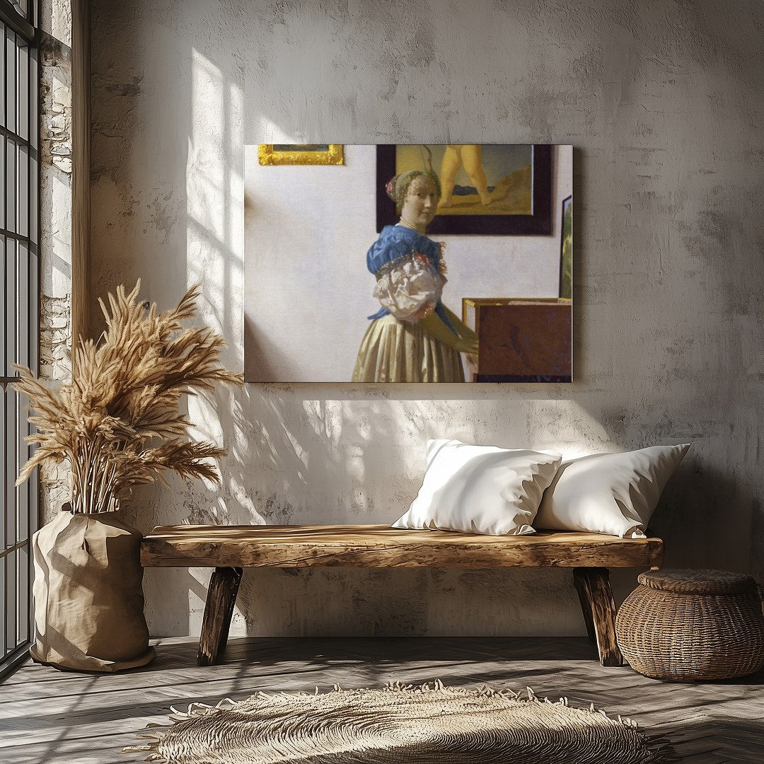 This exquisite piece captures a serene moment of a woman at her virginal, enveloped in classical for Veranda