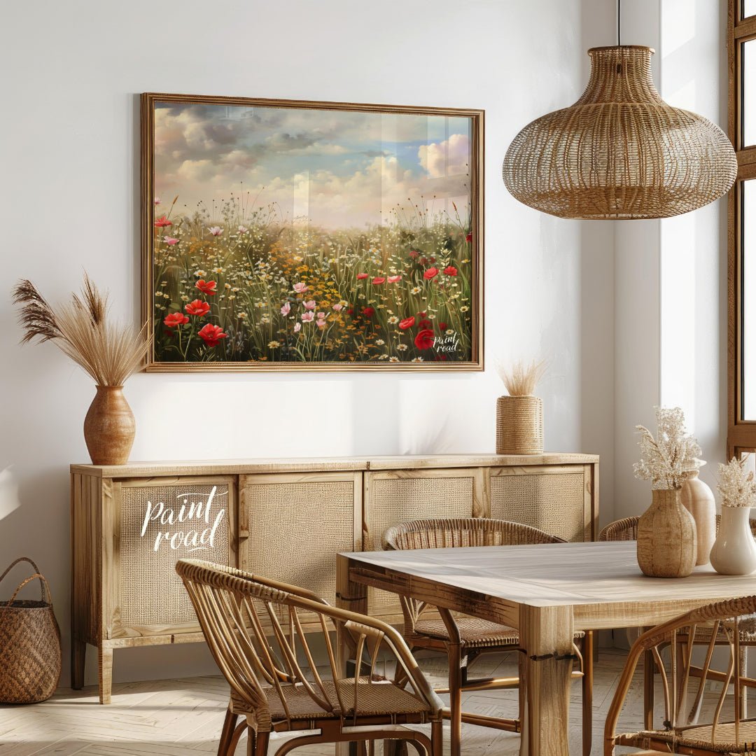 This expansive digital painting captures a serene meadow filled with wildflowers under a dramatic, … for dining room