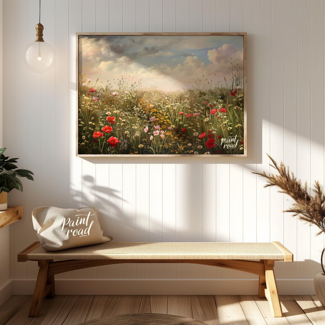 This expansive digital painting captures a serene meadow filled with wildflowers under a dramatic, … for entryway
