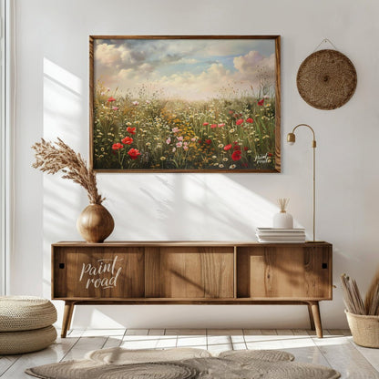 This expansive digital painting captures a serene meadow filled with wildflowers under a dramatic, … for living room