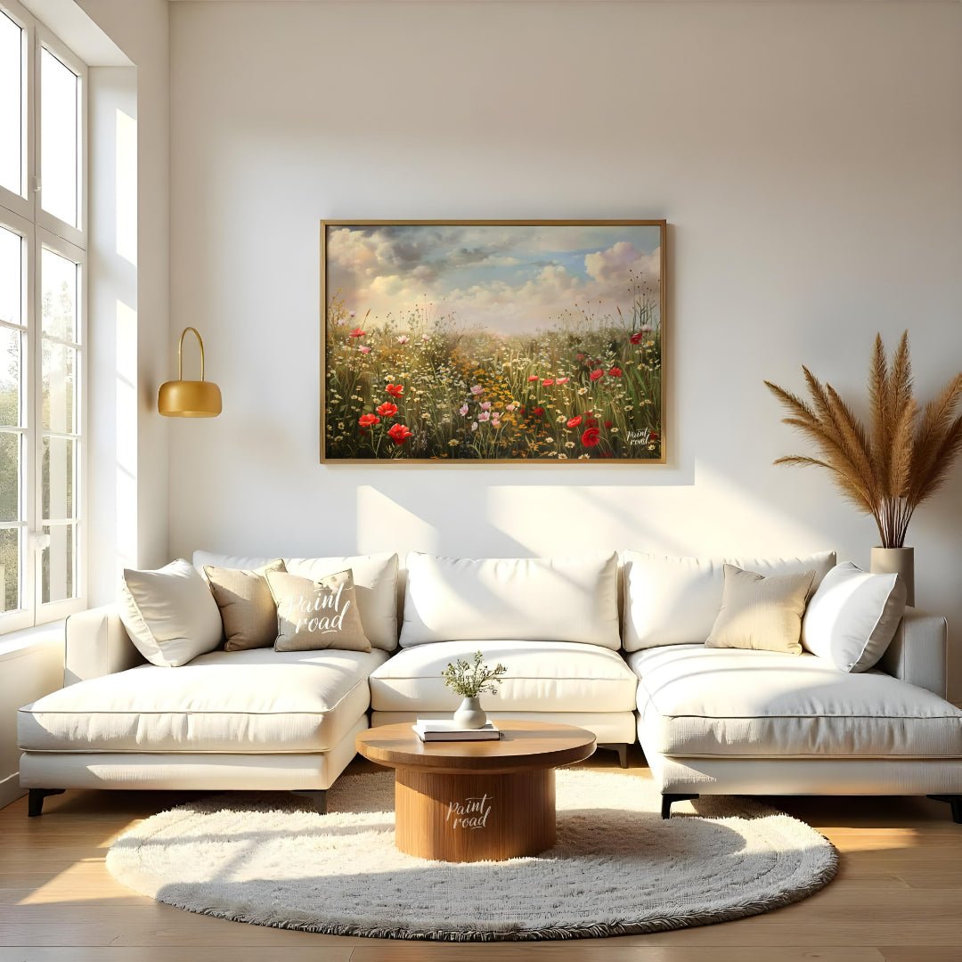 This expansive digital painting captures a serene meadow filled with wildflowers under a dramatic, … for living room