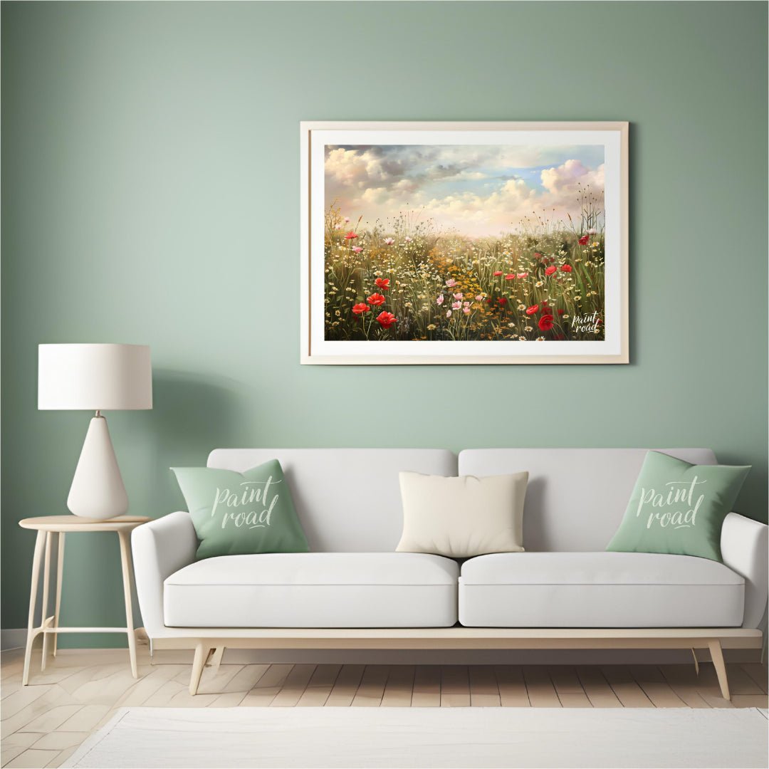 This expansive digital painting captures a serene meadow filled with wildflowers under a dramatic, … for living room