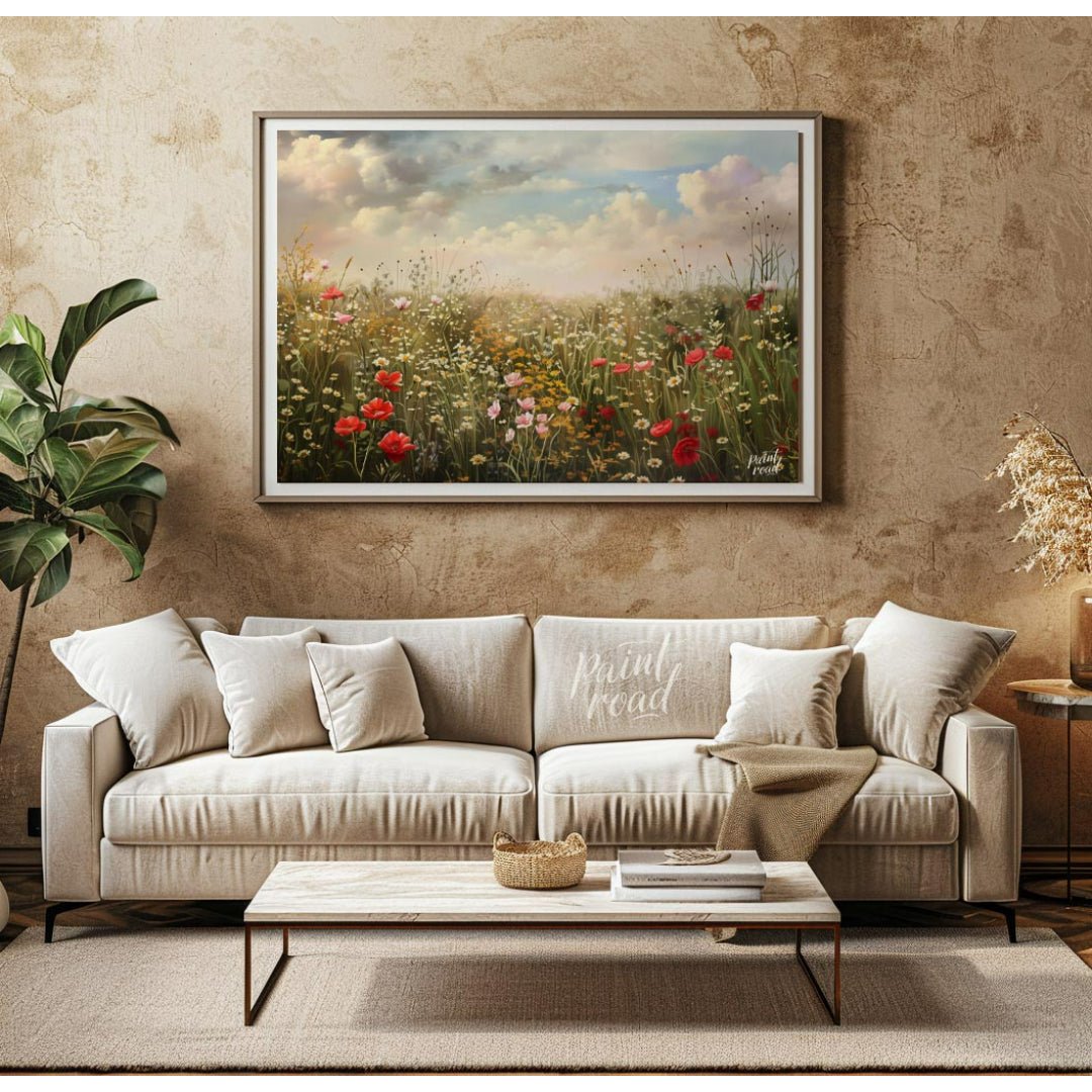 This expansive digital painting captures a serene meadow filled with wildflowers under a dramatic, … for living room