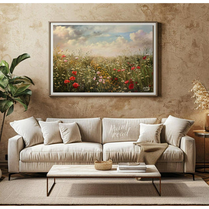 This expansive digital painting captures a serene meadow filled with wildflowers under a dramatic, … for living room