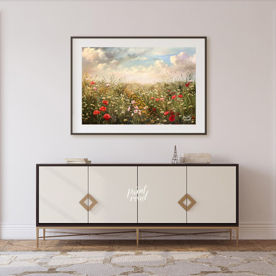 This expansive digital painting captures a serene meadow filled with wildflowers under a dramatic, … for living room