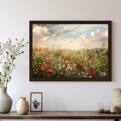 This expansive digital painting captures a serene meadow filled with wildflowers under a dramatic, … for living room