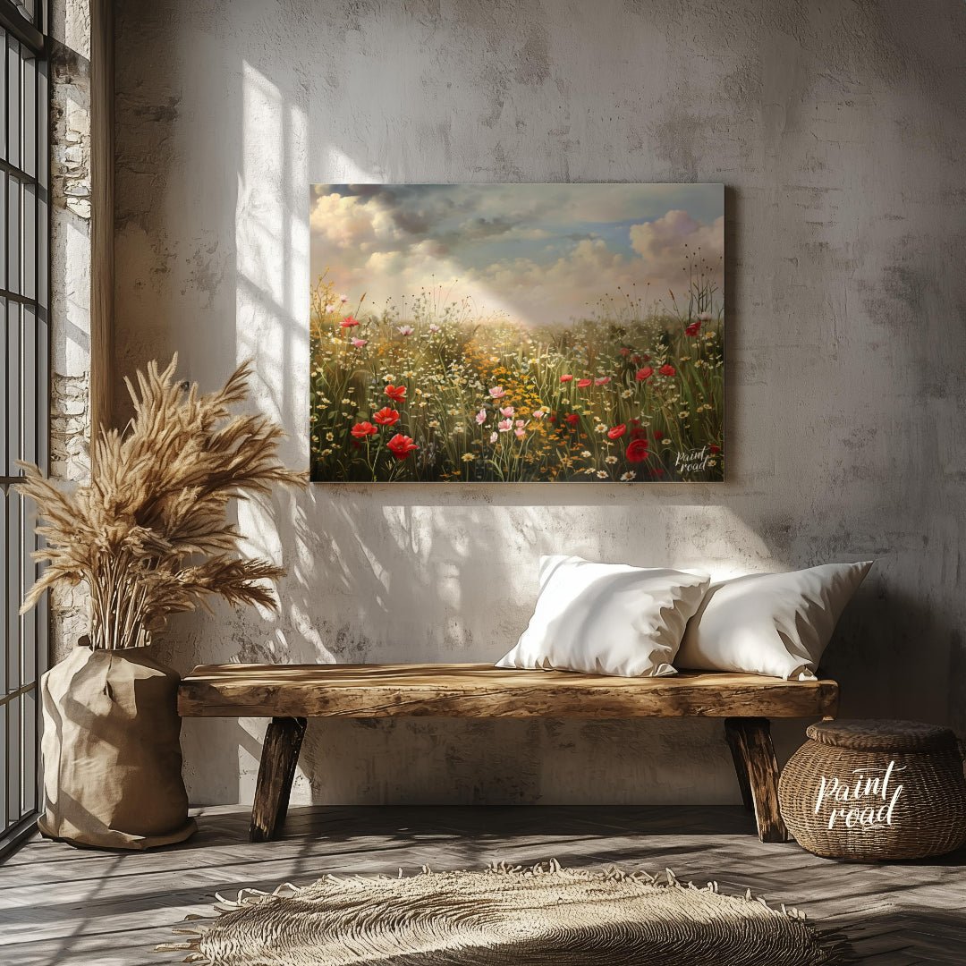 This expansive digital painting captures a serene meadow filled with wildflowers under a dramatic, … for living room