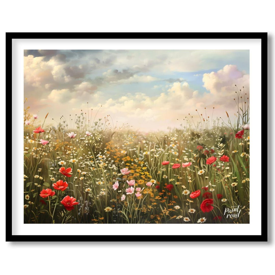 This expansive digital painting captures a serene meadow filled with wildflowers under a dramatic, … for room