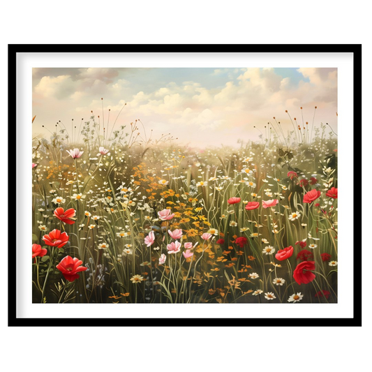 This expansive digital painting captures a serene meadow filled with wildflowers under a dramatic, … for room
