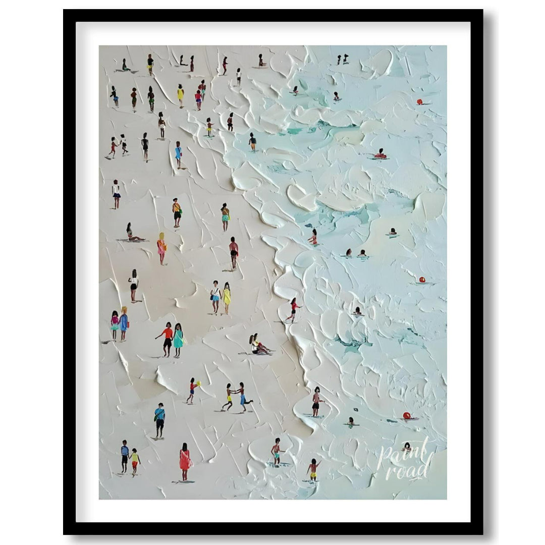 This painting captures a bustling beach scene with numerous figures enjoying the sand and surf. The… for abode