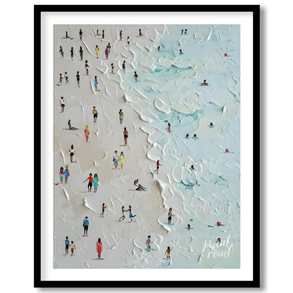 This painting captures a bustling beach scene with numerous figures enjoying the sand and surf. The… for abode