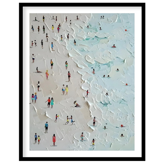 This painting captures a bustling beach scene with numerous figures enjoying the sand and surf. The… for abode