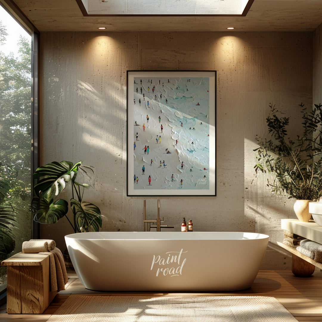 This painting captures a bustling beach scene with numerous figures enjoying the sand and surf. The… for bathroom