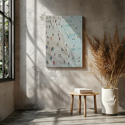 This painting captures a bustling beach scene with numerous figures enjoying the sand and surf. The… for living room