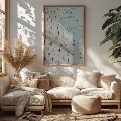This painting captures a bustling beach scene with numerous figures enjoying the sand and surf. The… for living room