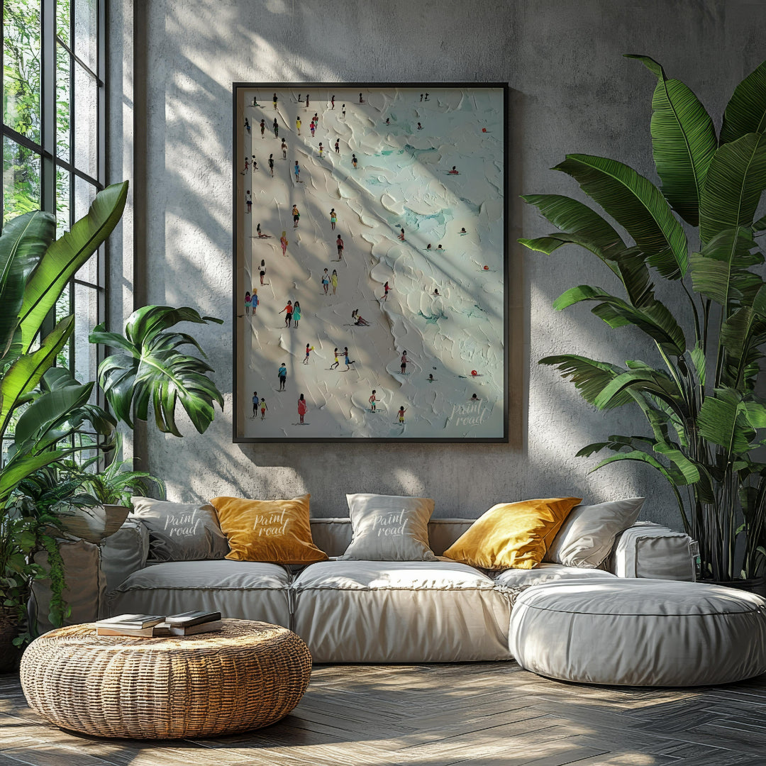 This painting captures a bustling beach scene with numerous figures enjoying the sand and surf. The… for living room