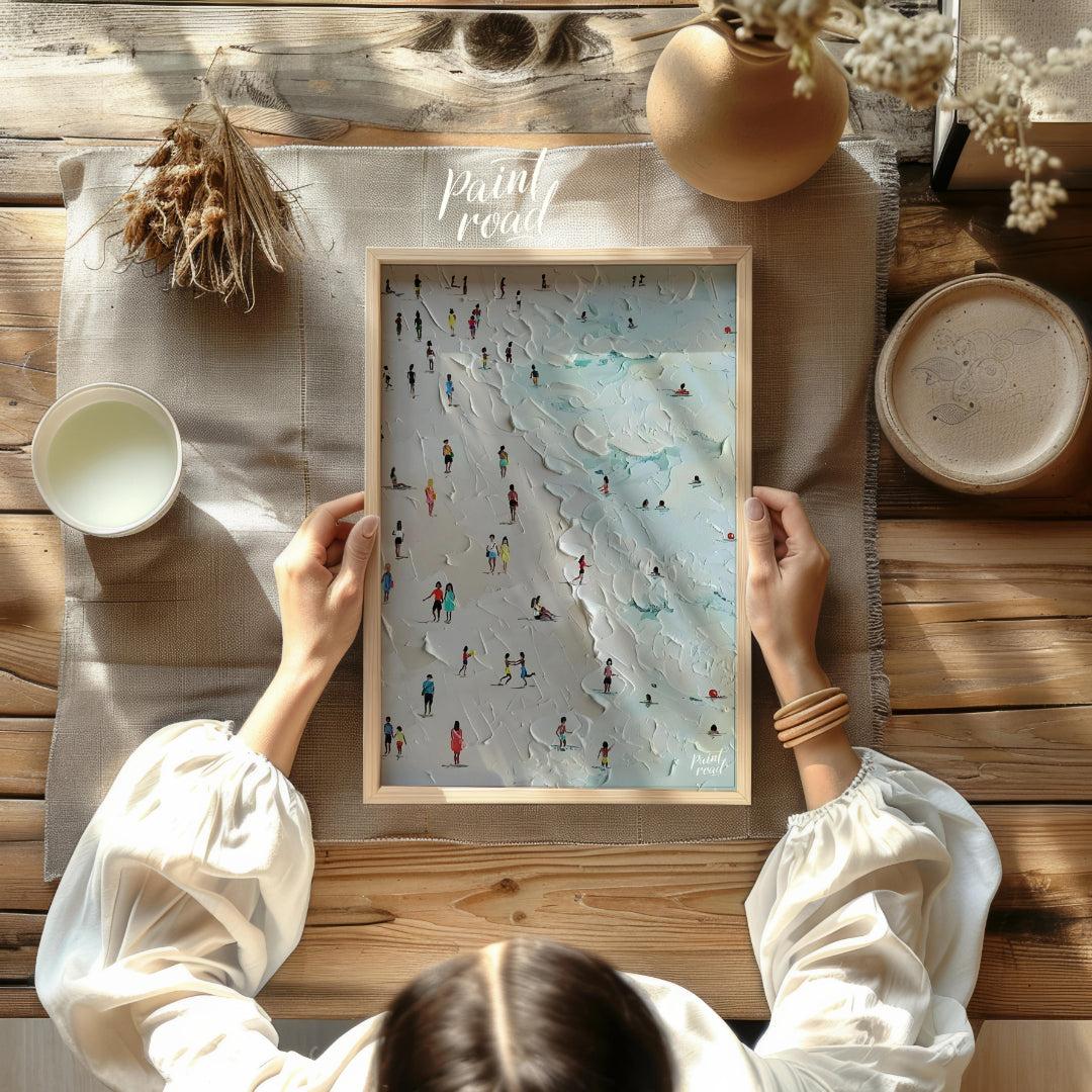 This painting captures a bustling beach scene with numerous figures enjoying the sand and surf. The… for other