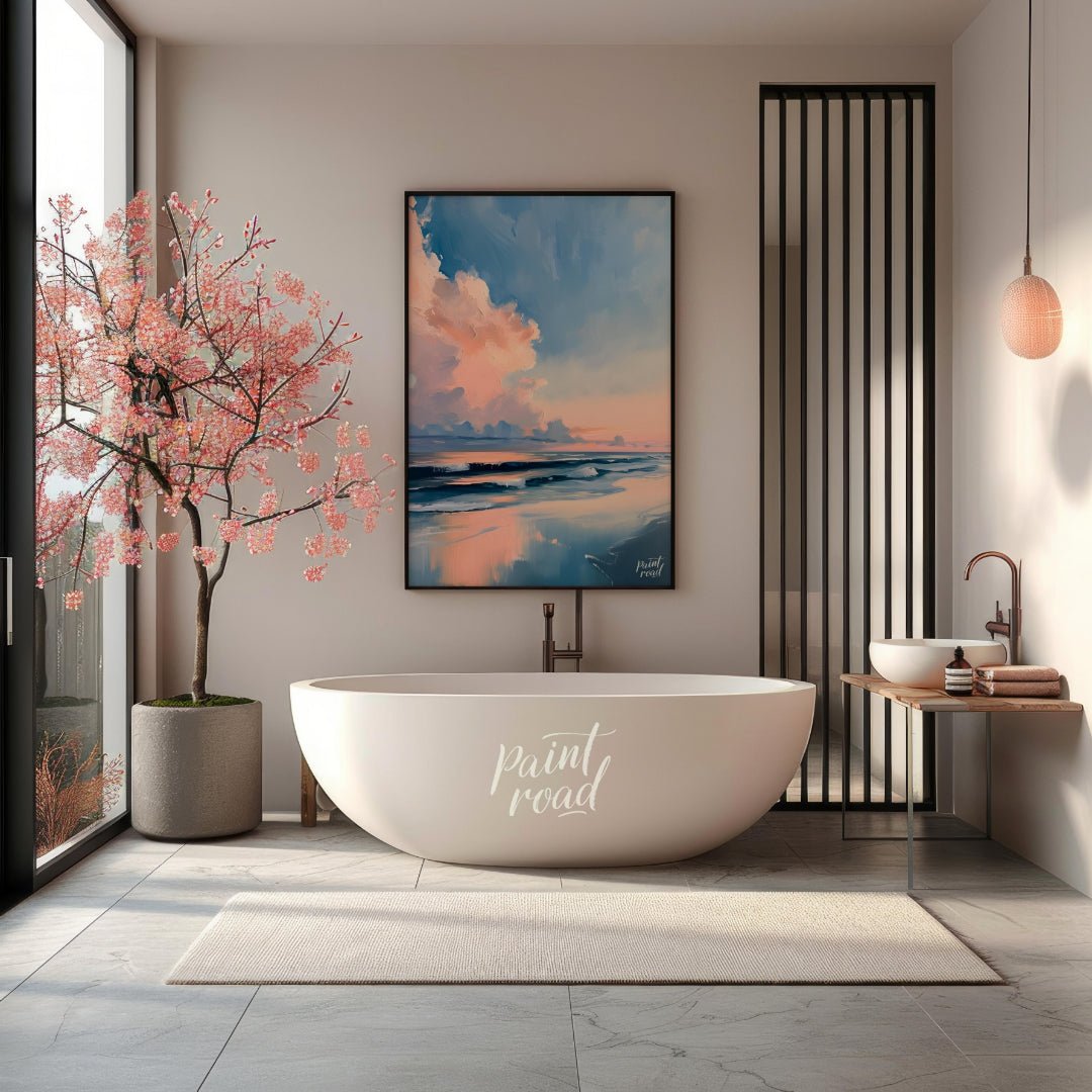 "Coastal Glow" presents a serene seascape painting, capturing a tranquil beach scene at dusk or daw… for bathroom