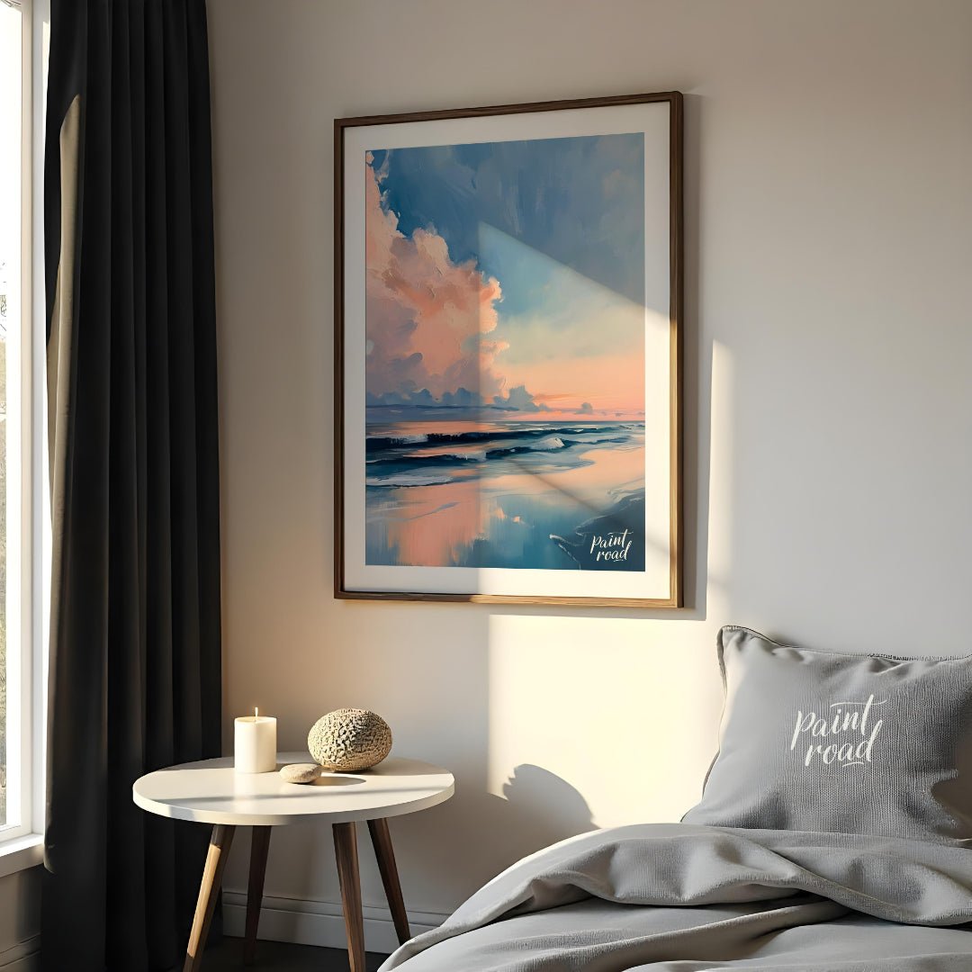 "Coastal Glow" presents a serene seascape painting, capturing a tranquil beach scene at dusk or daw… for bedroom