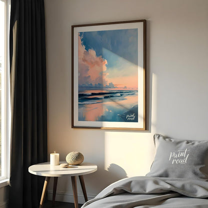 "Coastal Glow" presents a serene seascape painting, capturing a tranquil beach scene at dusk or daw… for bedroom