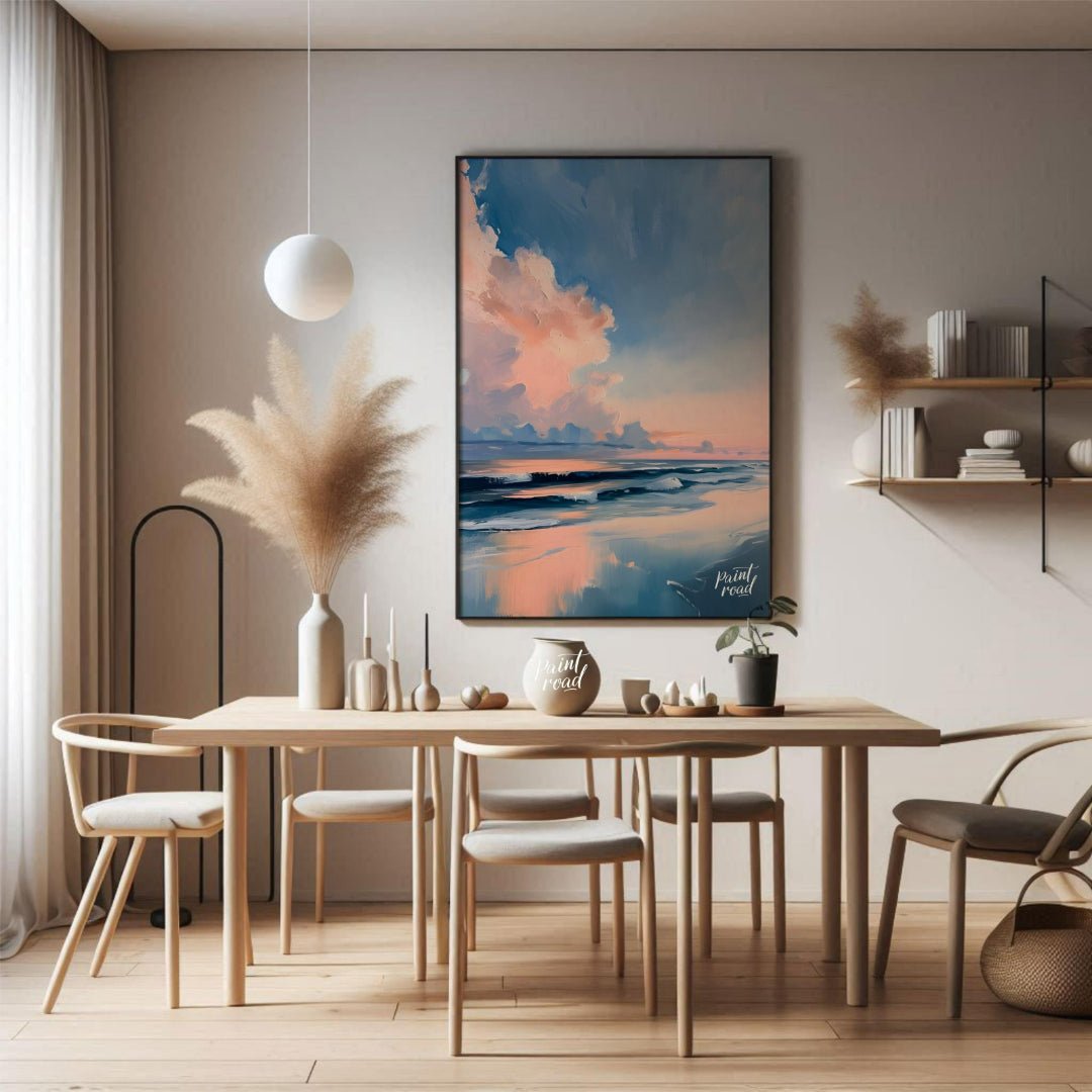 "Coastal Glow" presents a serene seascape painting, capturing a tranquil beach scene at dusk or daw… for dining room