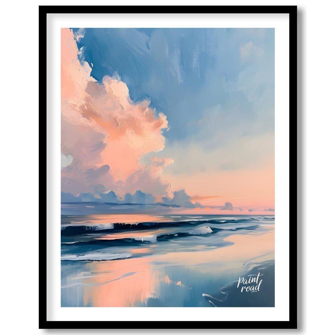"Coastal Glow" presents a serene seascape painting, capturing a tranquil beach scene at dusk or daw… for home
