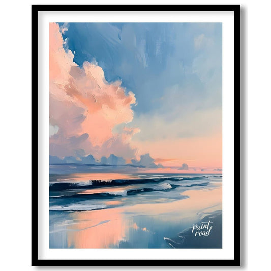 "Coastal Glow" presents a serene seascape painting, capturing a tranquil beach scene at dusk or daw… for home