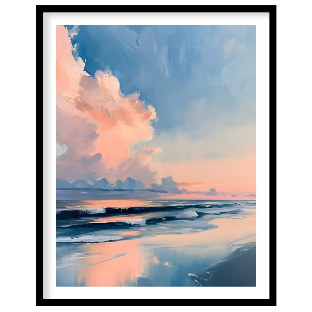 "Coastal Glow" presents a serene seascape painting, capturing a tranquil beach scene at dusk or daw… for home