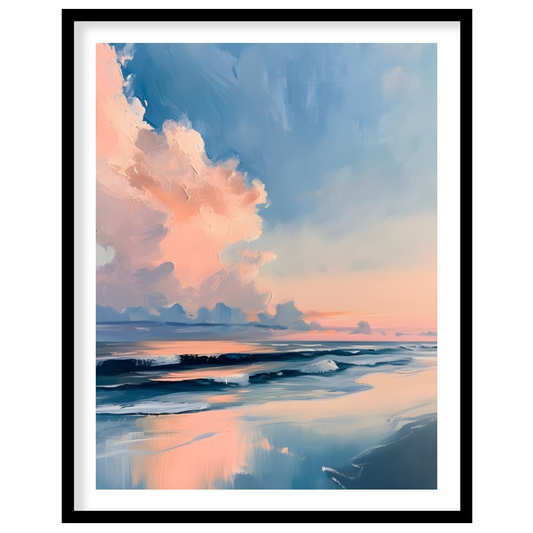 "Coastal Glow" presents a serene seascape painting, capturing a tranquil beach scene at dusk or daw… for home