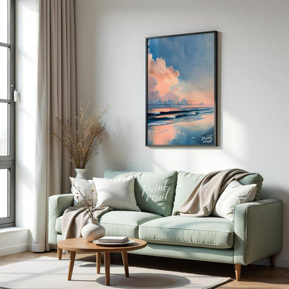 "Coastal Glow" presents a serene seascape painting, capturing a tranquil beach scene at dusk or daw… for living room