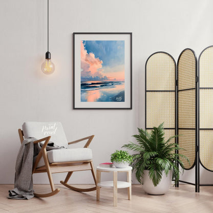 "Coastal Glow" presents a serene seascape painting, capturing a tranquil beach scene at dusk or daw… for living room