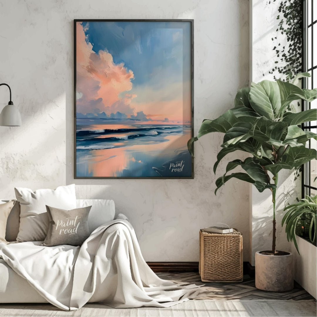 "Coastal Glow" presents a serene seascape painting, capturing a tranquil beach scene at dusk or daw… for living room