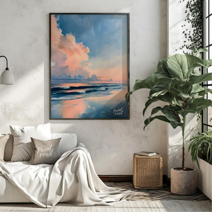 "Coastal Glow" presents a serene seascape painting, capturing a tranquil beach scene at dusk or daw… for living room