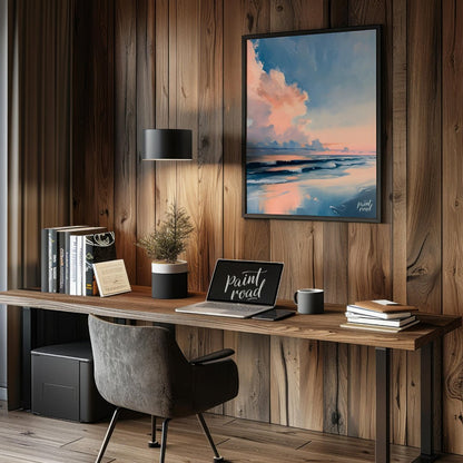 "Coastal Glow" presents a serene seascape painting, capturing a tranquil beach scene at dusk or daw… for office