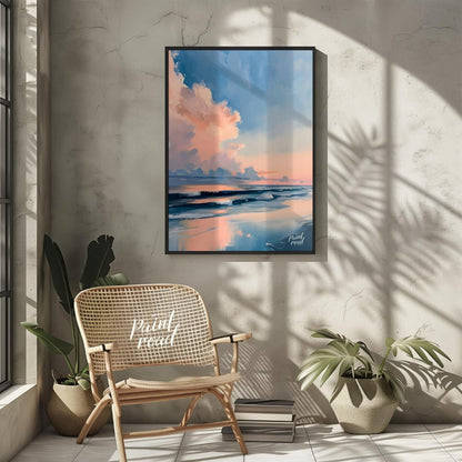 "Coastal Glow" presents a serene seascape painting, capturing a tranquil beach scene at dusk or daw… for other
