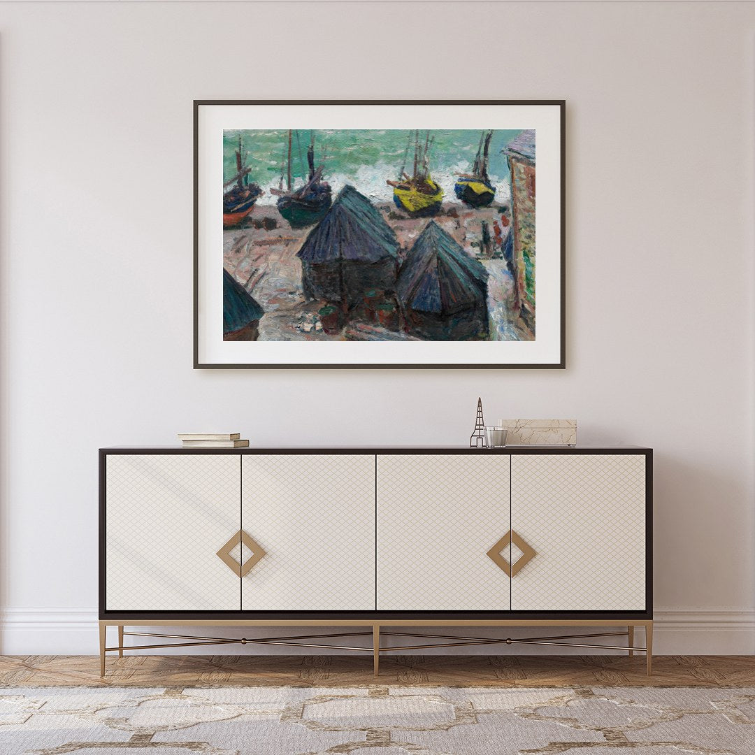 Capture the tranquil essence of a seaside village with this impressionistic piece showcasing a for Foyer